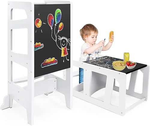dripex lernturm kinder Montessori mit Tafel, umwandlungsfähig als Tisch-Stuhl, Holz