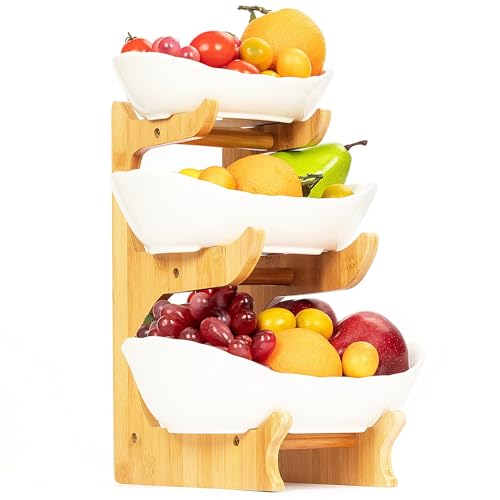 adelDream mehrstöckiger keramik-obstkübel mit holzständer für küchendekoration weiß