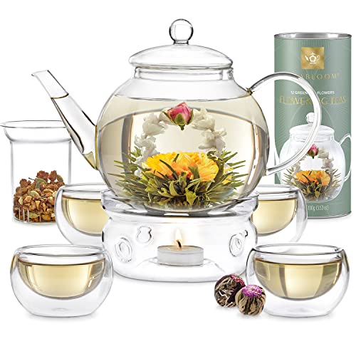 teabloom tee set 1,2 l glas teekanne mit siebeinsatz und 4 glastassen, 12 teeblumen