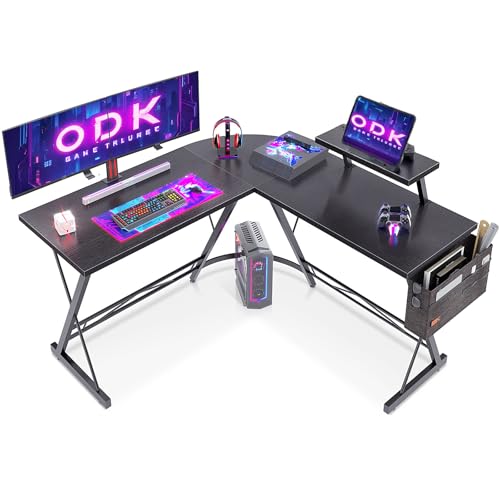 odk gaming tisch, gaming schreibtisch l-form mit monitorständer, schwarz 127 x 127 cm