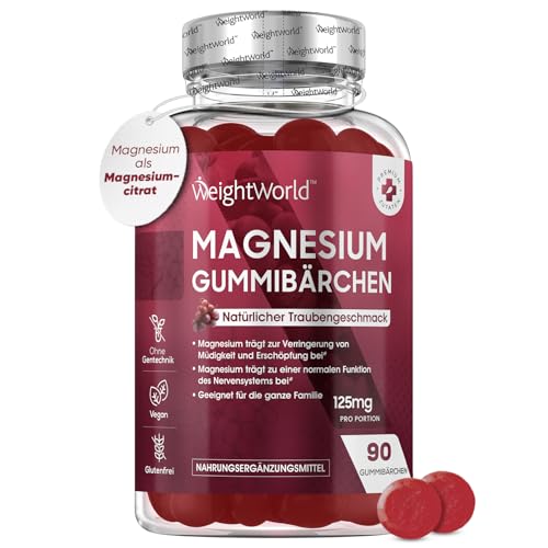 magnesium gummibärchen 125mg - 90 gummis für müdigkeit, nervensystem, elektrolyte - traubengeschmack - weightworld