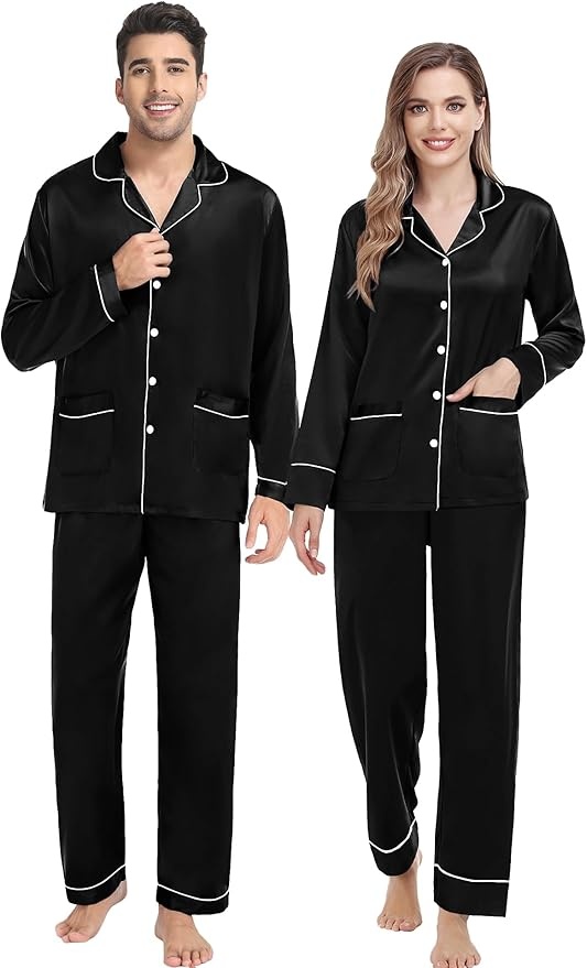 Produktbild: Satin Pyjama-Set für Paare, langarm, mit 2 Taschen, schwarz, Größe M