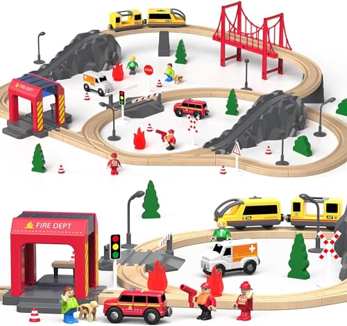 holzeisenbahn set 72-teilig, eisenbahn schienen und zugspielzeug für kleinkinder 1-3 jahre