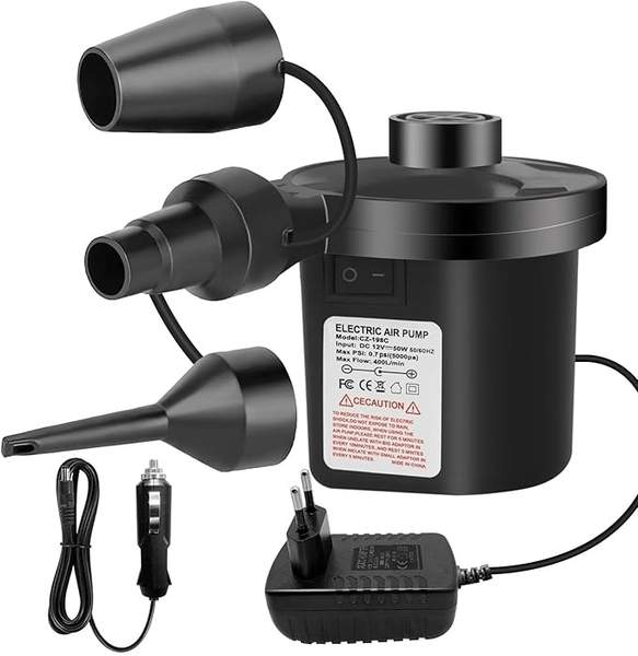 Produktbild: Elektrische Luftpumpe 2 in 1 für Luftmatratze, Boot, Pool, mit 3 Düsen, Schwarz