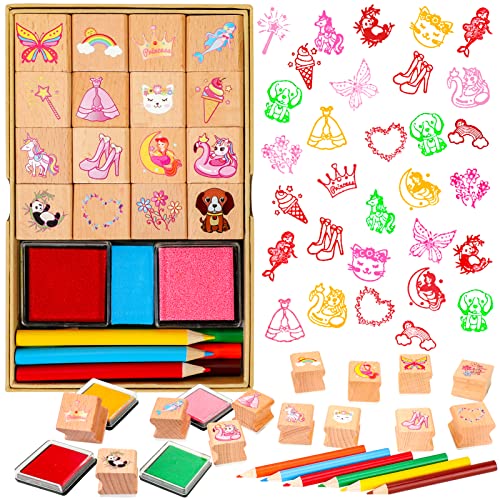 zayvor kinder stempel set, vierfarbige holzstempel für einhorn, meerjungfrau, prinzessin, geburtstag, weihnachten