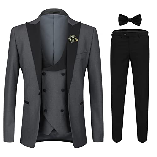 YOUTHUP Herren Slim Fit Anzug 3-teilig mit Fliege und Broschen, modern für Hochzeit und Abschlussball, Grau, XXL