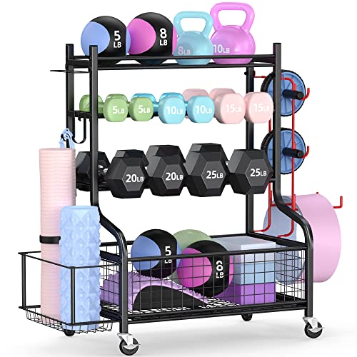 Produktbild: mythinglogic hantelständer mit rollen für hanteln, yoga-matte, kettlebell, faszienrolle