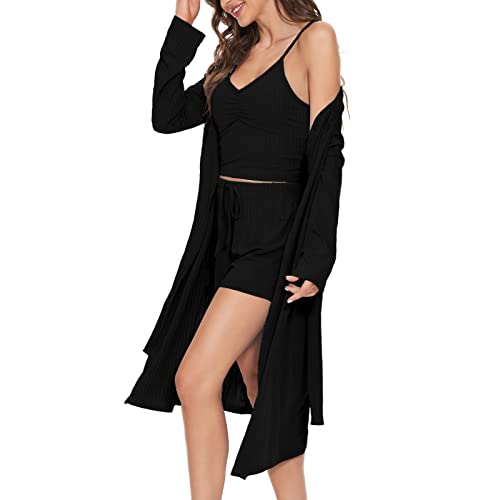hanerdun damen schlafanzug kurz 3-teiliges pyjama set mit jacke, cami, shorts