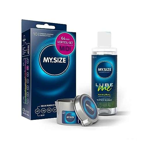 Entdecken Sie das MY.SIZE Value Pack: 10 Kondome (64 mm), ein 100 ml Gleitgel und eine Massagekerze. Optimale Passform und Genuss für unvergessliche Momente!