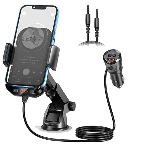magift bluetooth 5.3 fm transmitter auto adapter mit handyhalterung und dual usb ports