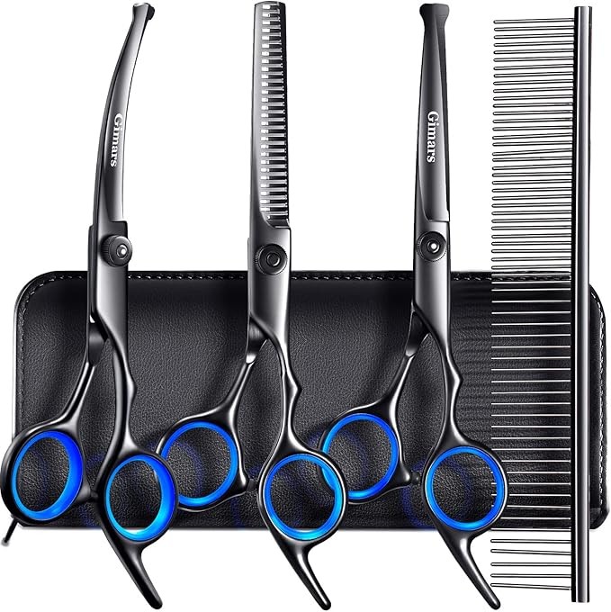 Gimars Hundepflege-Scheren-Set 5-in-1, 4CR, titanbeschichtet, schwarz, mit Sicherheitsspitze