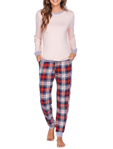 unibelle pyjama damen kariert schlafanzug set lang rosa zweiteilig mit patchwork-ärmeln