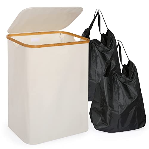 Edaygo wäschekorb faltbar 140 l mit deckel und 2 herausnehmbaren wäschesäcken beige