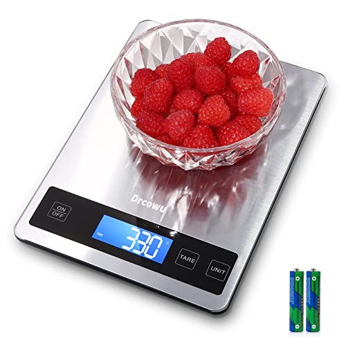 Drcowu Digitale Küchenwaage 15 kg, Wasserdicht, LCD, Präzision 1g, Edelstahl-Panels