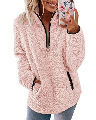 nilimoph damen pullover flauschig teddy-fleece kapuzenpullover mit taschen pink, s