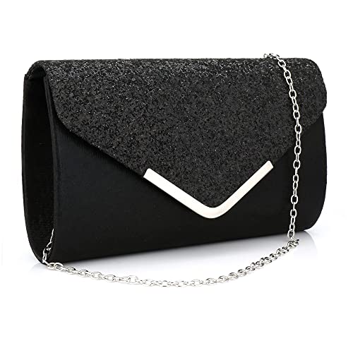 milchstraße damen clutch tasche umschlag schwarz pailletten abnehmbarer kette geldbörse