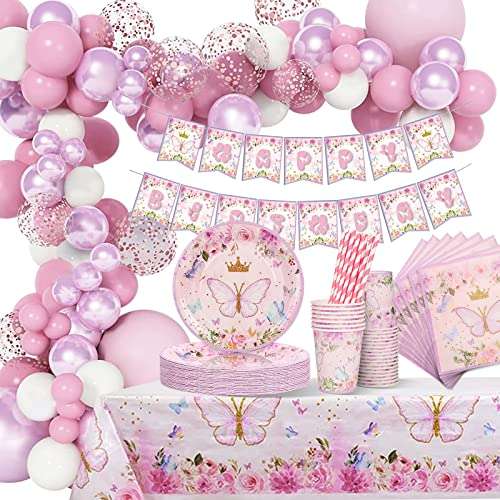 butterfly geburtstagsdeko mädchen, partygeschirr set für 16 gäste, papierplatten, ballons, tischdecke, becher, strohhalme, servietten