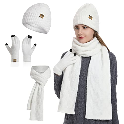 damen mütze schal set, INSISMY touchscreen handschuhe, fleece gefüttert, winterwarm