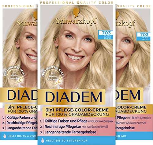 Entdecken Sie die Schwarzkopf Diadem 3 in 1 Pflege-Color-Creme 703 Platin Blond. Permanente Haarfarbe mit 100 % Grauabdeckung und Pflege für glänzendes Haar!