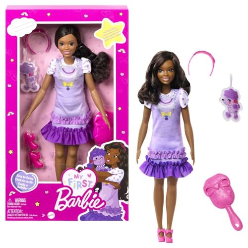 barbie-puppe schwarze haare mit accessoires und soft-touch-körper, für kinder ab 3 jahren