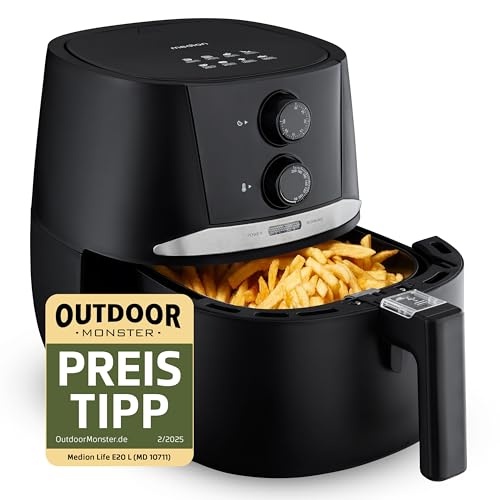 heißluftfritteuse medion e20 l, 3,2 liter, 1400 watt, ölfrei, timer, schwarz