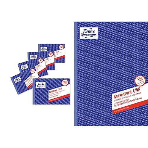 Produktbild: quittungsblock und kassenbuch von avery zweckform, 5er pack, a6 quer, a4, weiß/gelb