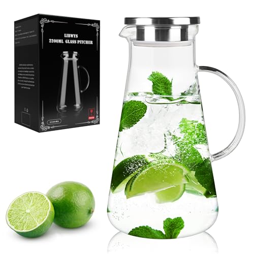 libwys glaskaraffe 2.2l mit deckel, borosilikatglas wasserkaraffe für saft, tee, milch