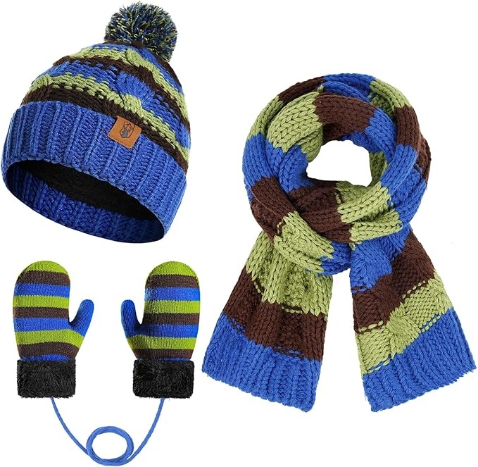 Wintermütze Kinder Beanie Set mit Schal und Handschuhen Fleece Bommel 3-8 Jahre