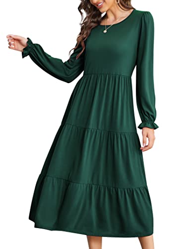 kojooin damen langarm maxikleid rüschen elegant rundhalsausschnitt boho herbst dunkelgrün s