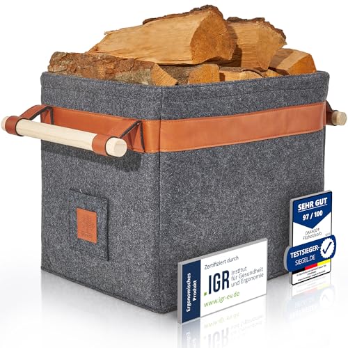 kaminholzkorb oakage mit metallrahmen, dunkelgrau filz feuerholzkorb