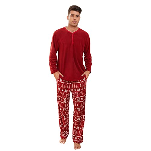 schlafanzug herren fleece pyjama lang karierte nachtwäsche u2skiin dunkelrot weihnachtsbaum
