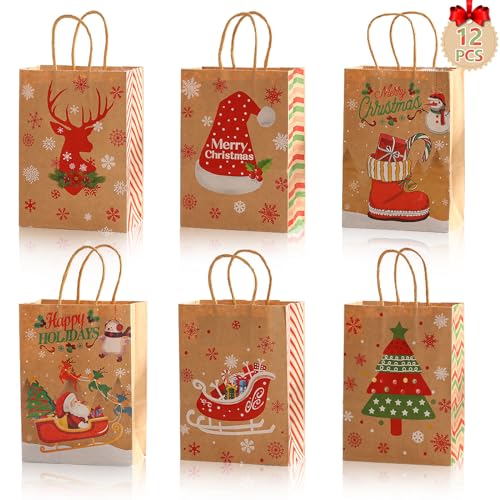 Produktbild: ctxtqtdt geschenktüten weihnachten 12 stück mit griffen kraftpapier 6 stile 21cm x 15cm x 8cm