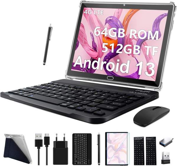 2024 tablet 10 zoll 3-in-1 mit tastatur und maus android 13 4g lte 64gb grau