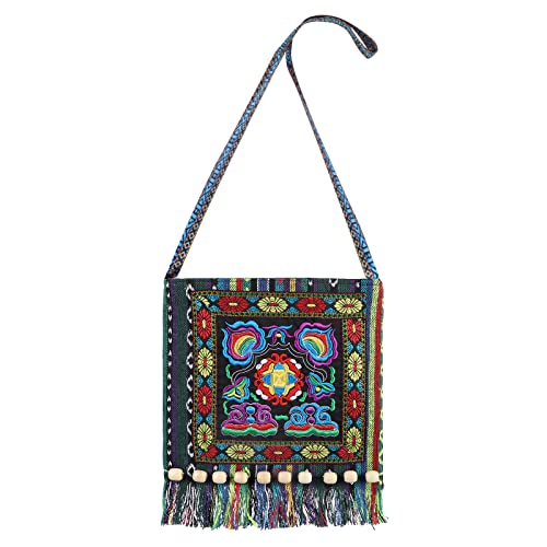 bestickte canvas-tasche blau, boho umhängetasche mit quasten, hobo crossbody damen