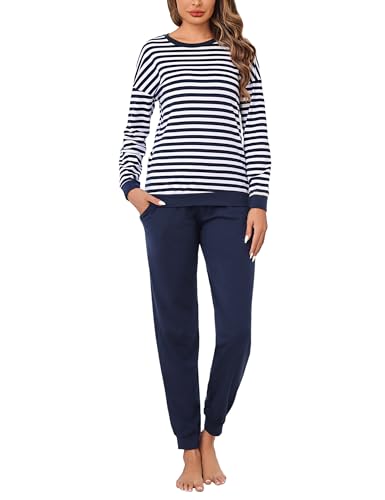 bresdk schlafanzug damen lang pyjama set baumwolle winter nachtwäsche blau S