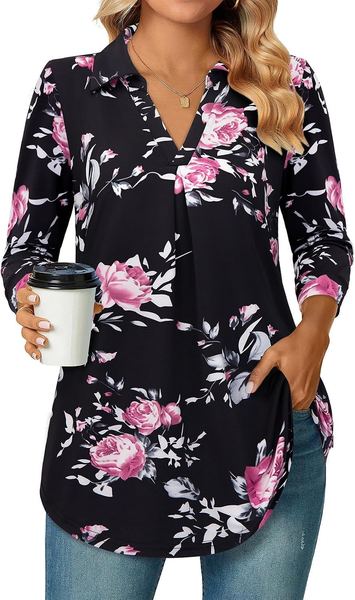 Siddhe Damen V-Ausschnitt Bluse 3/4 Ärmel Tunika Tops Langarmshirt