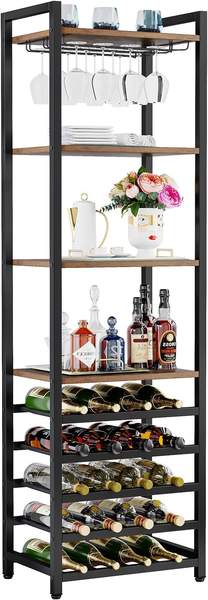 Tribesigns 20 Flaschen Weinregal freistehend, 9 Etagen, rustikal braun, mit Glashalter