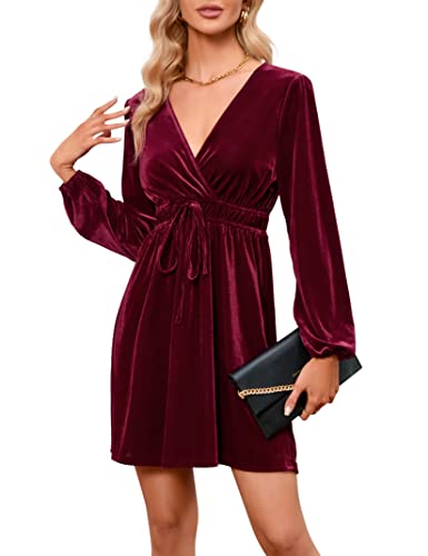 kojooin damen samtkleid elegant v-ausschnitt retro partykleid cocktailkleid weinrot M