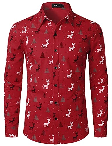 JOGAL Herren Weihnachtsmann Hemd langarm rot Funky Christmas Button Up Freizeithemd