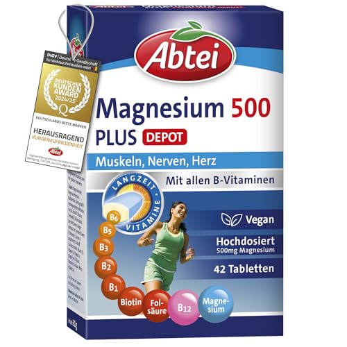 Abtei magnesium 500 plus mit b-vitaminen - vegan - 42 tabletten für muskeln, nerven, herz