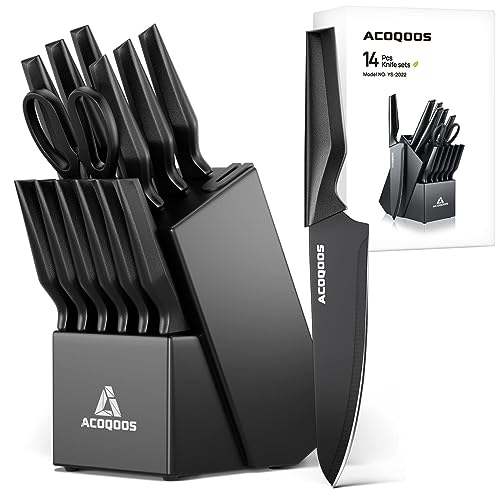 Produktbild: acoqoos 14-teiliges messerblock-set mit messern und integriertem schärfer schwarz