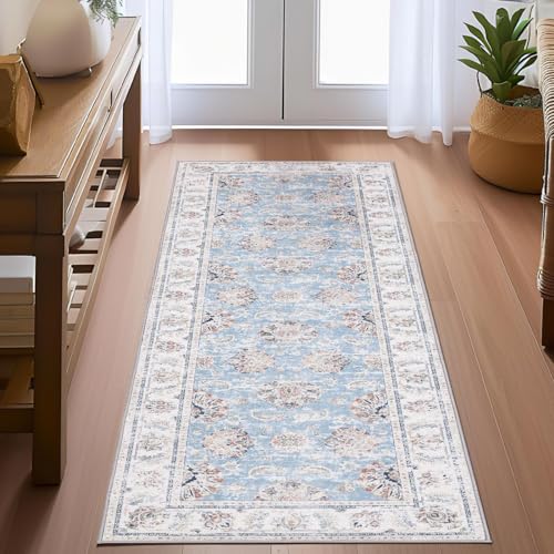 Produktbild: topick teppichläufer blau vintage blumen waschbar antirutsch kurzflor 60x210cm