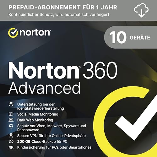 norton 360 advanced 2025 aktivierungscode für 10 geräte, 1 jahr per email