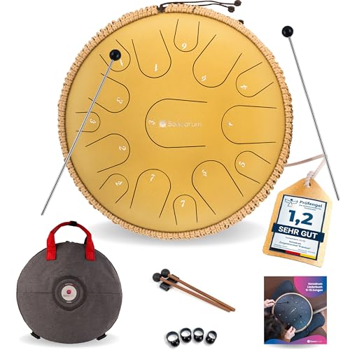 sonodrum zungentrommel c-dur gold, steel drum mit schlägel, liederbuch, tragetasche, 35cm