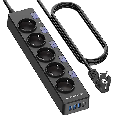 steckdosenleiste schaltbar 5-fach mit USB-C und USB-A, überspannungsschutz, 3m kabel