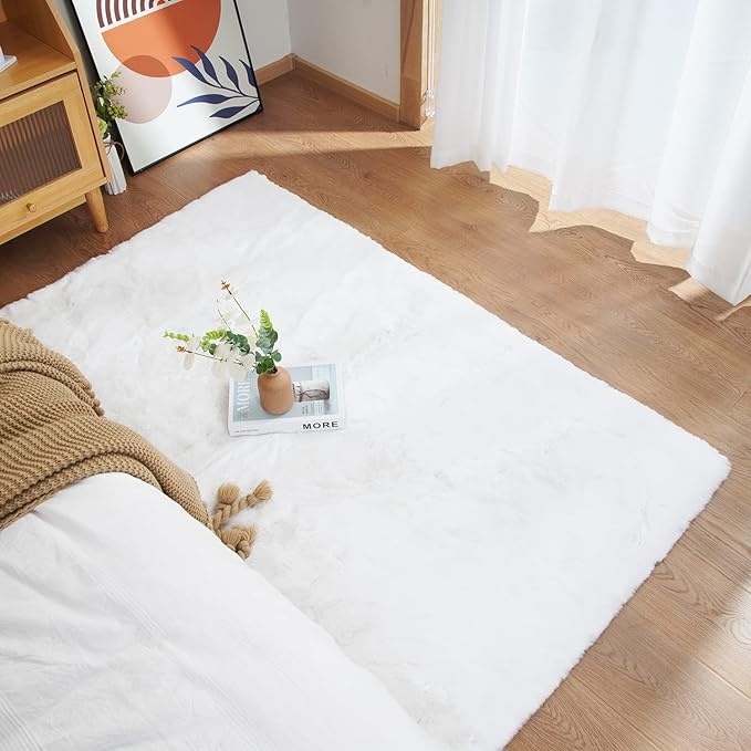 Ghouse Kurzflor Teppich 90x150 cm Weiß, Wohnzimmer Schlafzimmer, Waschbar, Anti-Rutsch