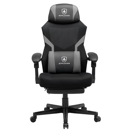 gtplayer gaming stuhl ergonomisch mit fußstütze und netzrückenlehne grau