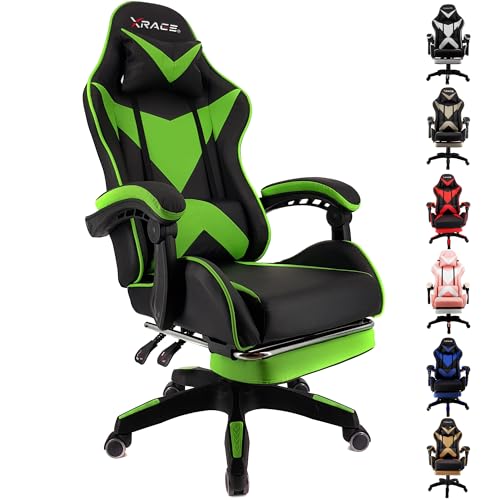 xRace Gaming Stuhl Ergonomisch Bürostuhl Leder mit Lendenwirbelstütze Grün