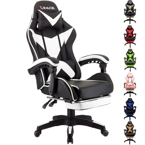 xRace gaming stuhl ergonomisch, bürostuhl mit lendenwirbelstütze, leder, weiß