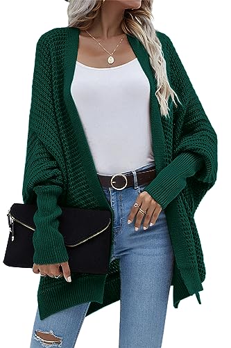 Basicspace Damen Waffel Strickjacke grün langarm Fledermausärmel grobstrick